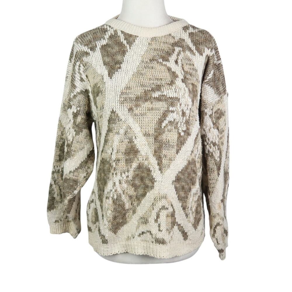 Vintage 80s Across America Cream and Tan Abstract Nature Print Cotton Sweater